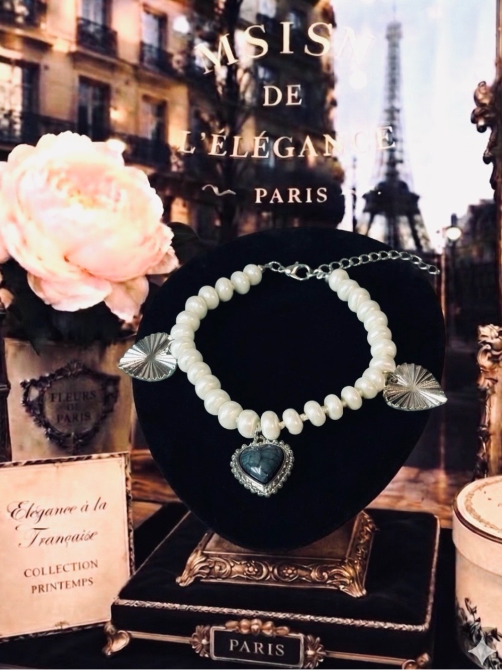 Pearl bracelet silver heart charms